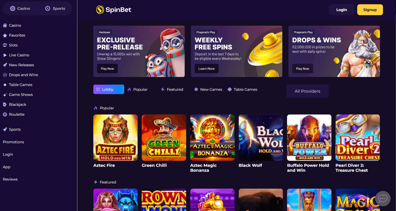 SpinBet Casino homepage with games lobby